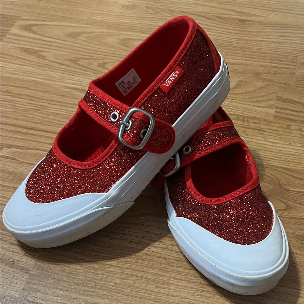 Vans Kids Red Glitter Mary Jane Sneaker with Buckle Strap